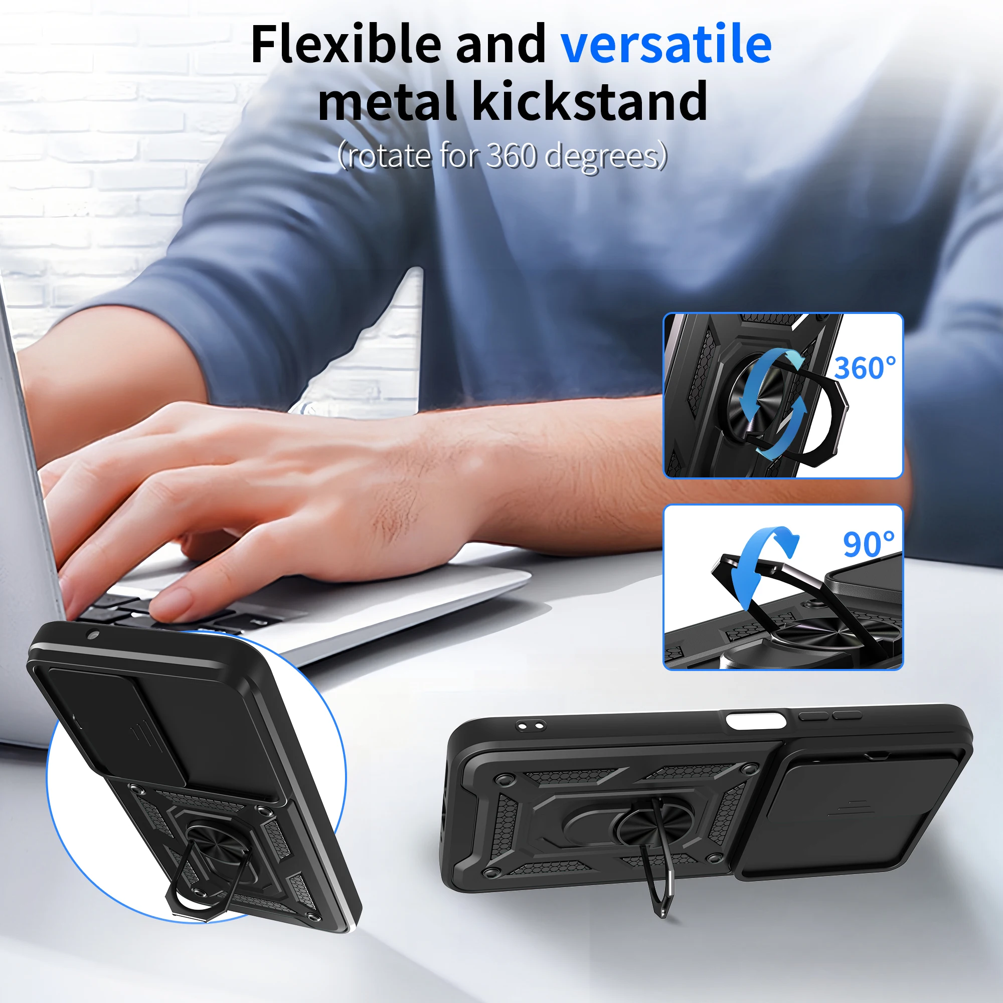 Para redmi 15 171mm caso slide câmera armadura anel titular kicktand proteção capa do telefone capa funda