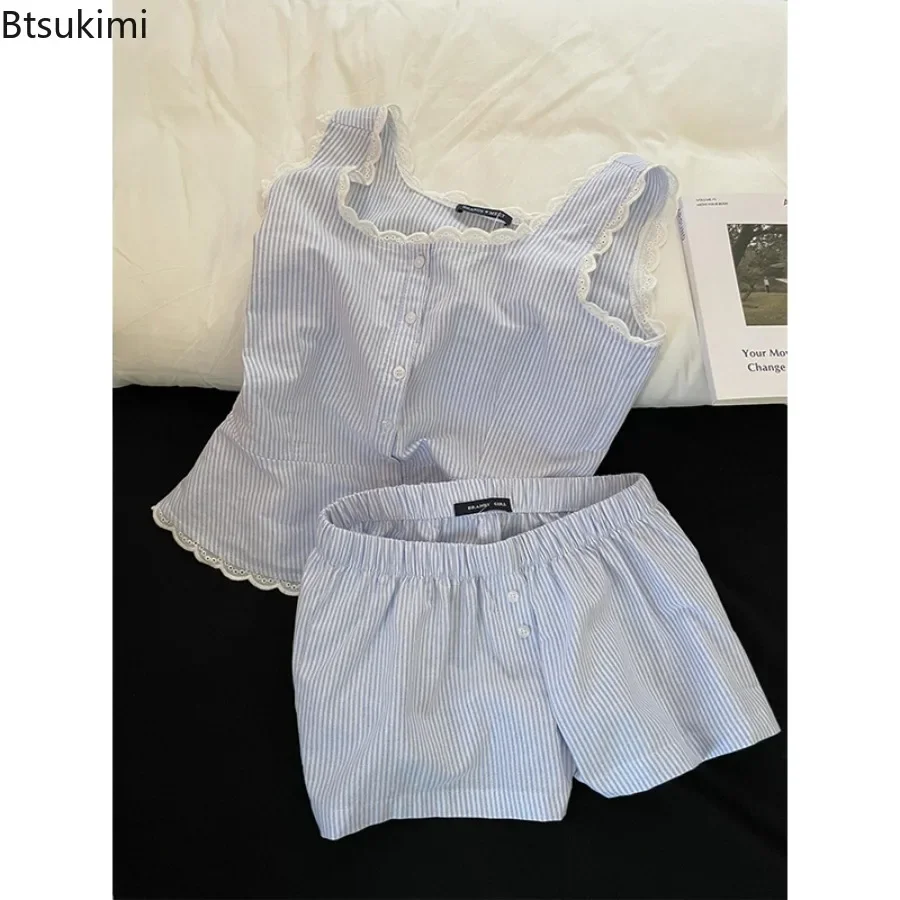 Women's Fashion Lace Striped Pajamas Blue Suit Sleeveless Nightwear Single Breasted Pajamas and Shorts Two Piece Set for Women