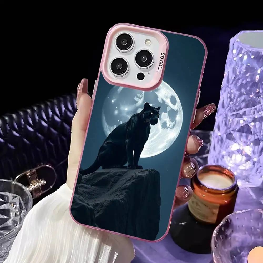 Dark Night Panther telefoonhoesje voor iPhone 16,15,14,13,12,11, Mini, Pro, MAX roze matte schokbestendige hoes
