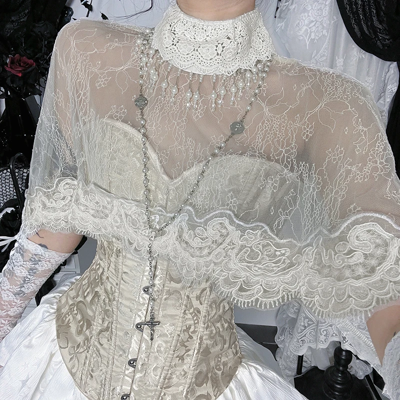 Lilac XN Goth Sexy White Lace See Through Smock Cloak Sweet Aesthetic New Fashion High Collar Women Short Tops Partywear