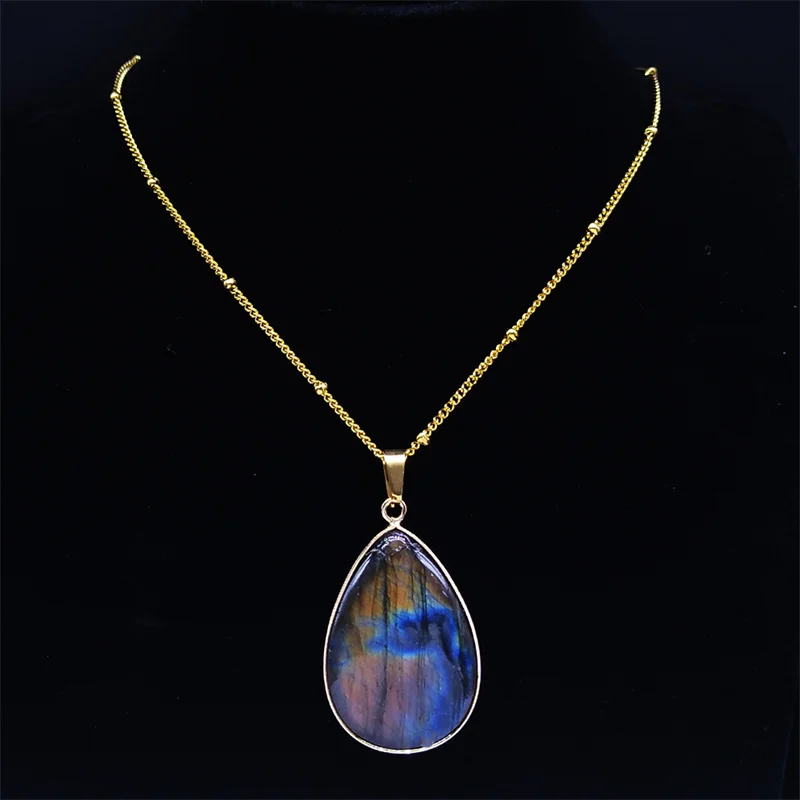 Boho Blue Labradorite Palm Necklace Water Drop Natural Healing Gem Stones Pendant Necklaces Reiki Moonstone Energy Jewelry NHH31