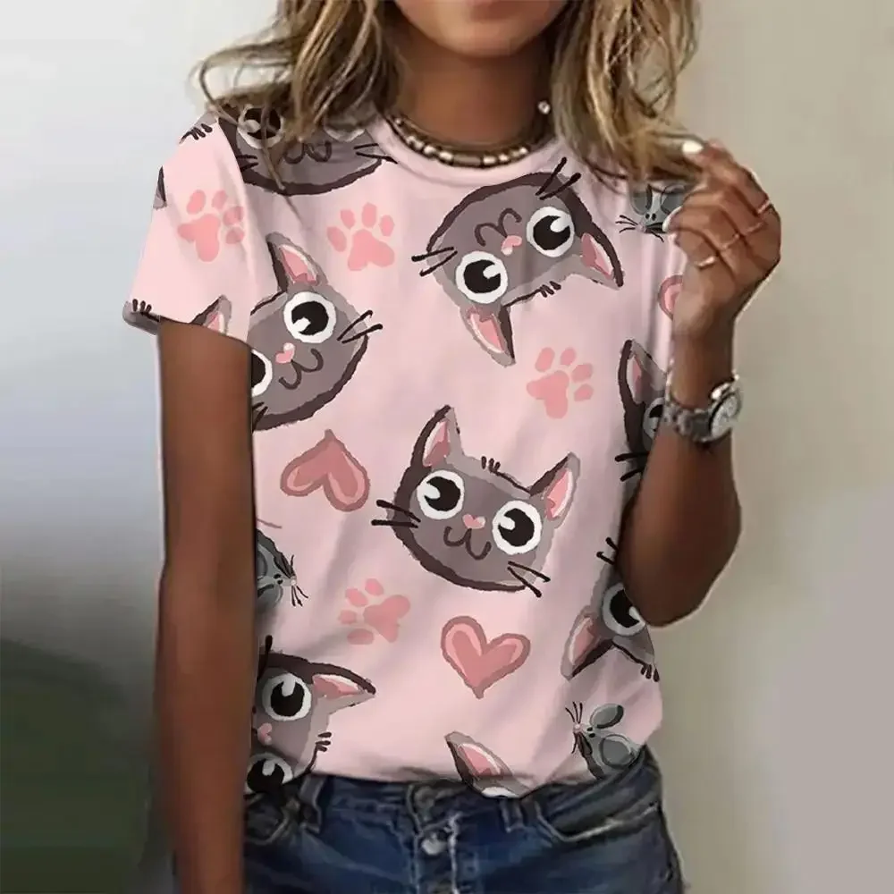 

Women's T-shirt Summer Casual Round Neck Top Short Sleeve Loose T-shirt Daily Short Sleeve 3D Printed Cartoon Kitten Pattern