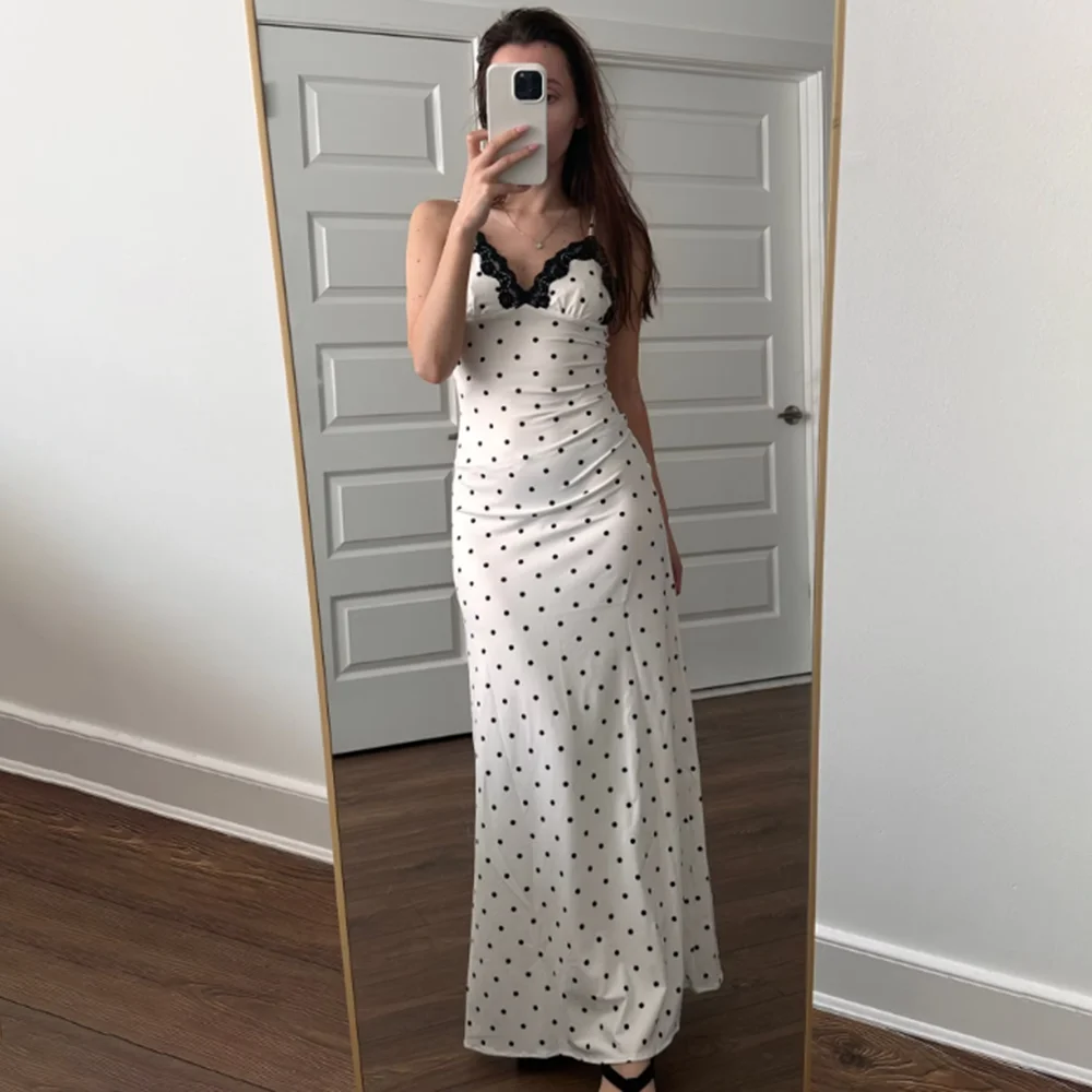 Tuularose Lace Spaghetti Strap Long Dress Women\'s Elegant Retro V-Neck Polka Dot Sleeveless Dress Summer Patchwork Party Dress