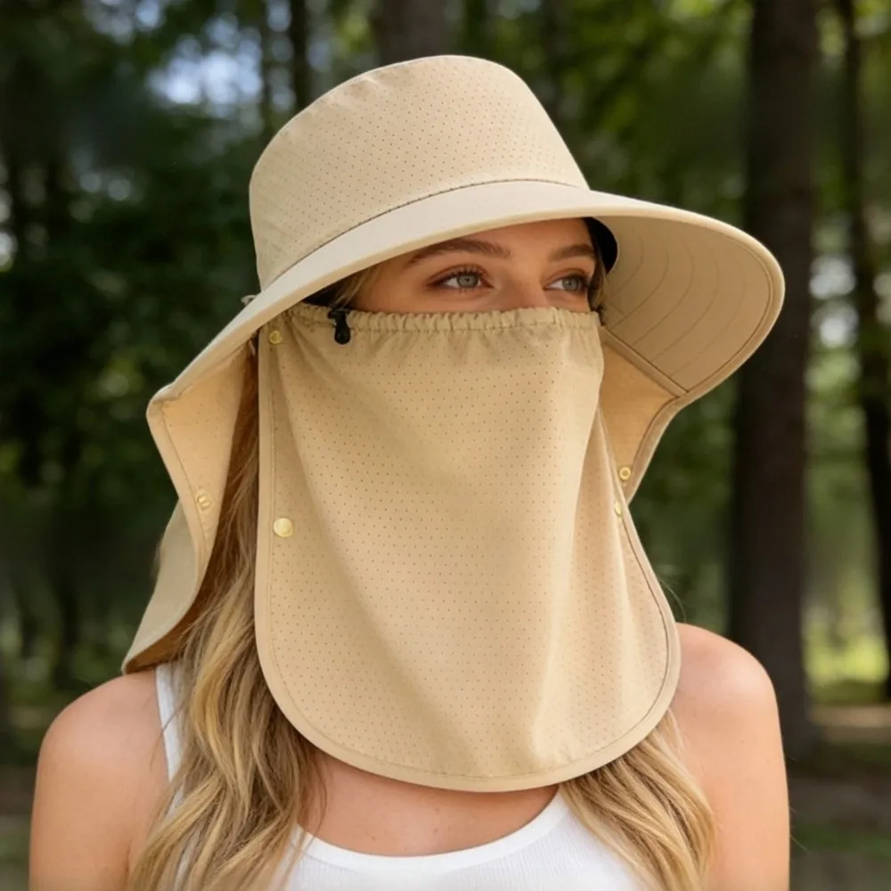 

Fashion Wide-Brimmed Shawl Mask Hat Solid Color Breathable Picking Tea Hat Polyester Soft Sunshade Sun Hat Cycling