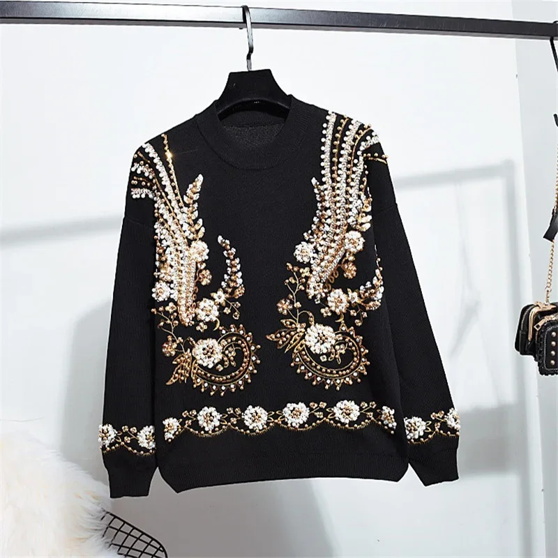 Manual Beading Embroidery Knitted Tracksuit Set Women Pullover Sweater Long Pants Two Piece Outfits Knit Suit Female Gray Black