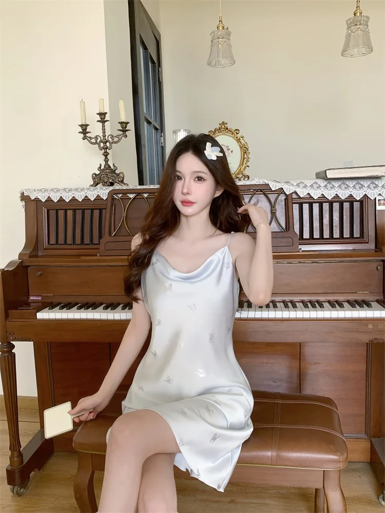 DAIMELU Ice Snow Silk Pajamas Women's Summer sleepwear girl nightdress Light Blue sexy Hot Silver nightgown female Neck Pajamas