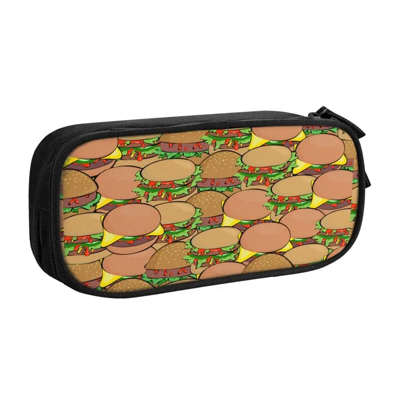 Kawaii Burger Pattern Pencil Case para Meninas e Meninos, Caixa de Lápis Grande Capacidade, Material Escolar