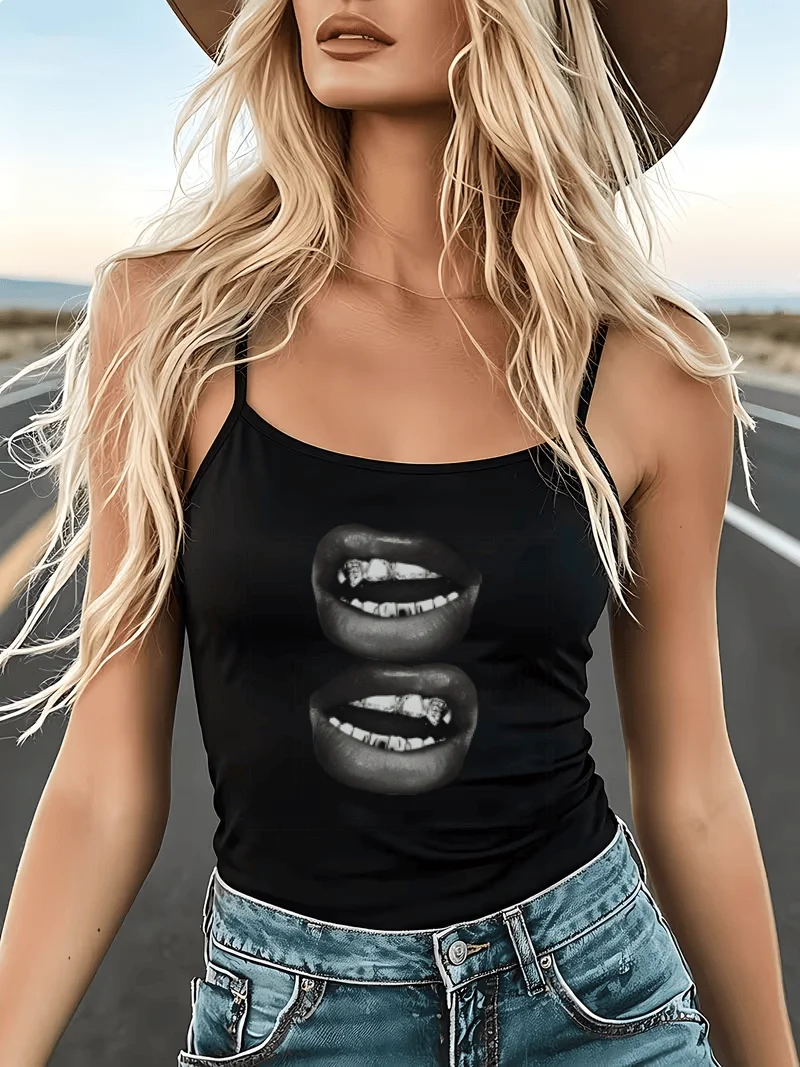 Sexy Lips Camisole Women Gold Teeth Grillz Tank Top Aesthetic Mouth Graphic Sleeveless Vest Harajuku Punk Summer Crop Tops