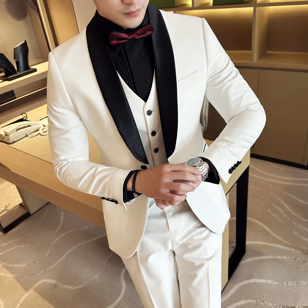 (Jackets+Vest+Pants) Men Mariage Color Block Collar Suits Trousers Waistcoat Male Business Casual Wedding Blazers 3 Pieces Set