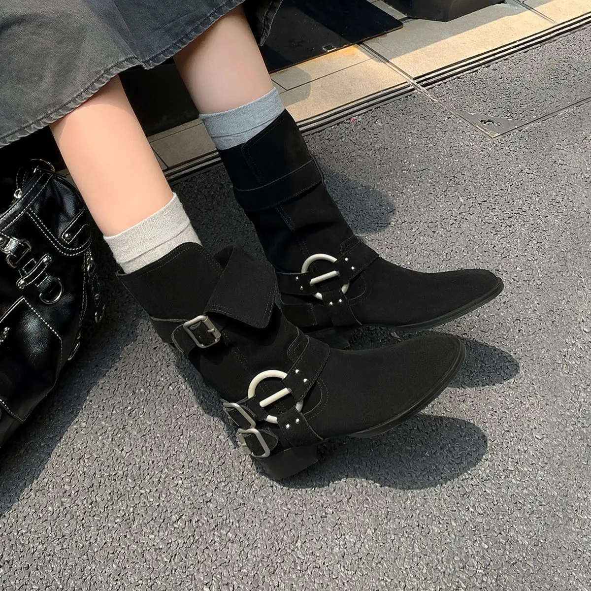 

Autumn brown Cow suede Belt buckle Mid-Calf boots Round toe pull-on Middle heel Motorcycle boots Women's boots