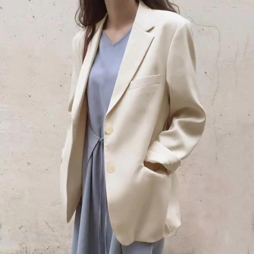 Refined Cuff Button Jacket Elegant Lapel Women's Suit Coat Flap Pocket Single Breasted Loose Fit Work Outwear with Cuff Button