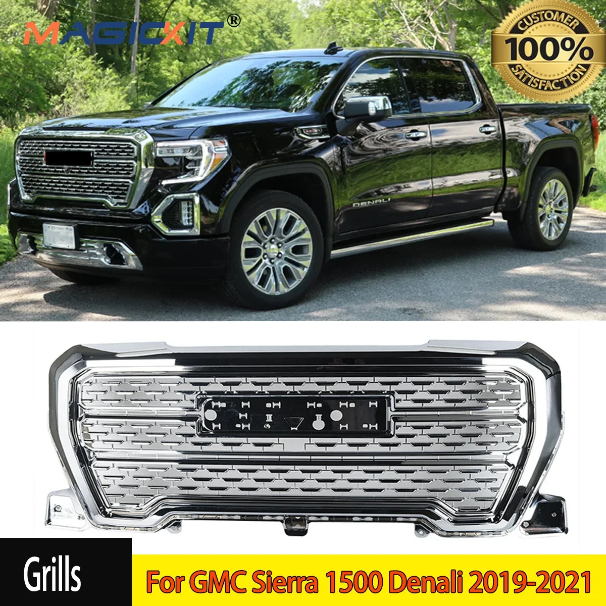 Chrome Front Upper Bumper Grille Grill Fit For GMC Sierra 1500 Denali 2019-2021