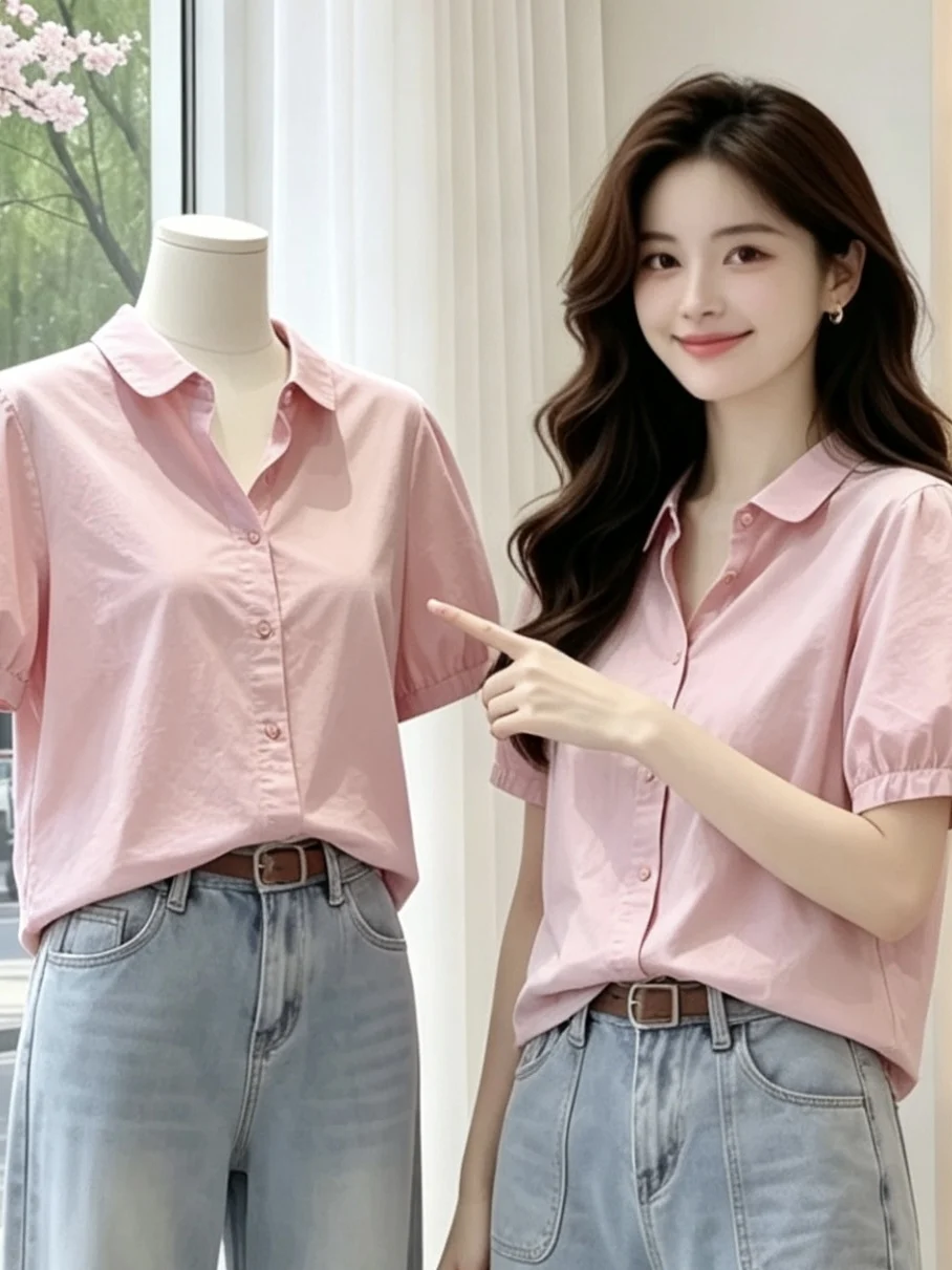 Style Bubble Sleeve Shirt Women Loose Short Sleeve Casual Simple Summer Versatile Top Quality Polyester Korean Version