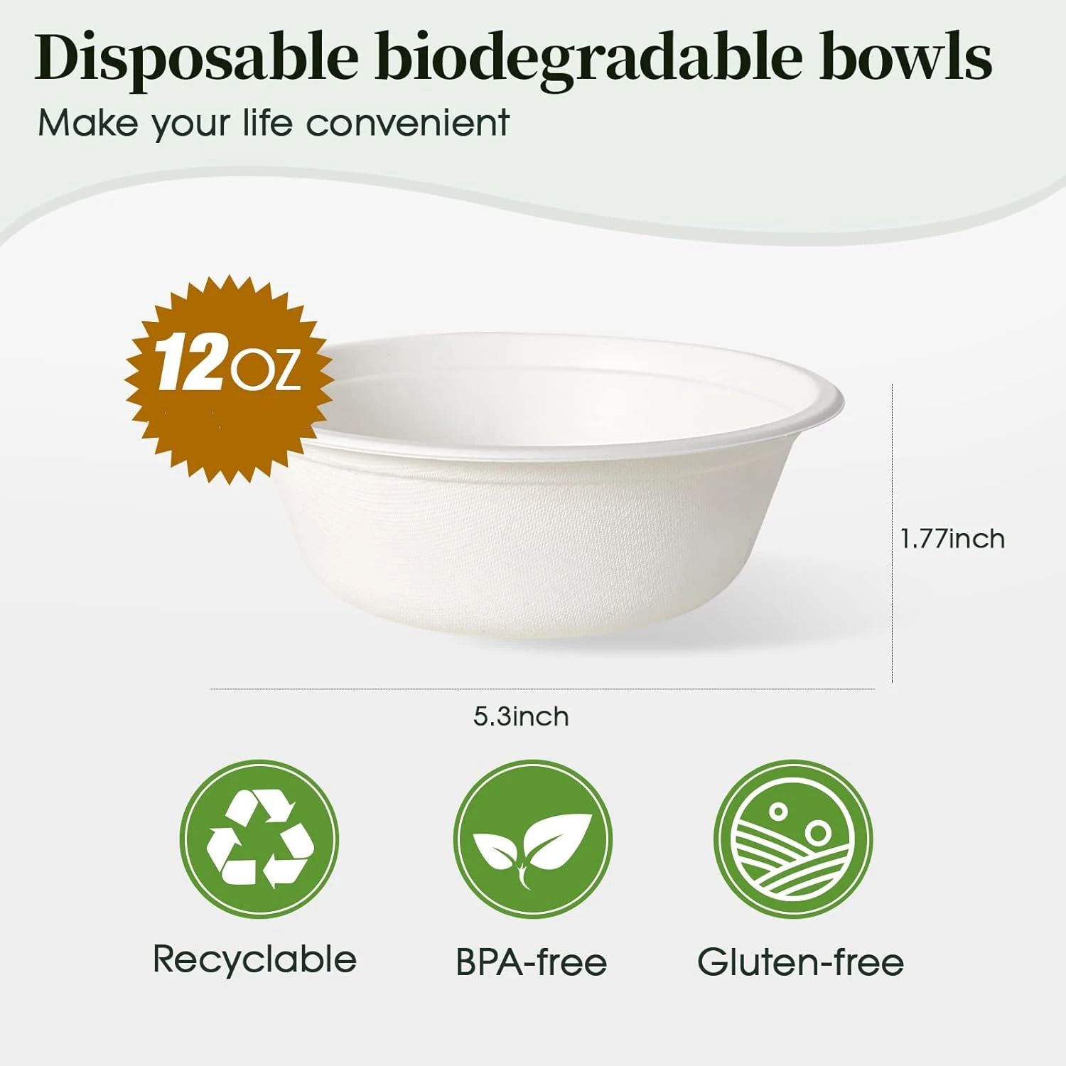 12 oz Paper Bowls, Disposable Compostable Bowls Bulk, Heavy Duty Biodegradable Bagasse Bowl for Snacks, Soup, and Salads, White