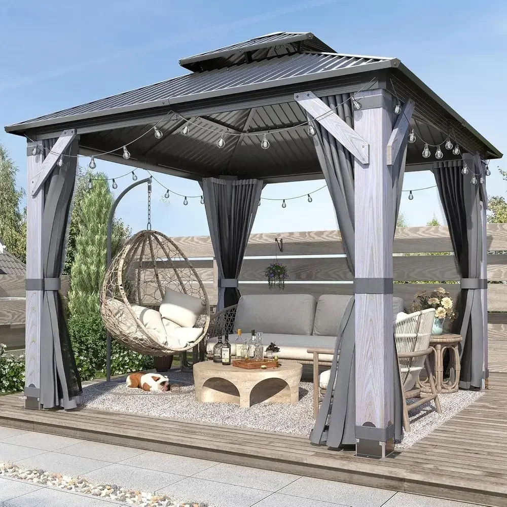 10'x10' Outdoor Wood Gazebo - Hardtop Wooden Gazebo with Galvanized Steel Roo, Heavy-Duty Pavilion with Netting & Curtains or Ga