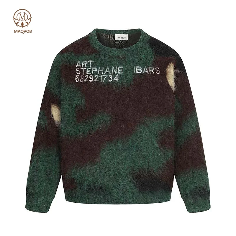 MAQVOB2025 High Street Punk Color-Blocked Round Neck Sweater Travel Holiday Printing Men'S Trendy Loose Casual Knit Sweater for