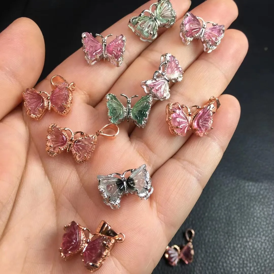 

1 Pc Fengbaowu Natural Stone Multicolored Gem Tourmaline Elbaite Butterfly Pendant 925 Sterling Silver Fashion Jewelry Gift