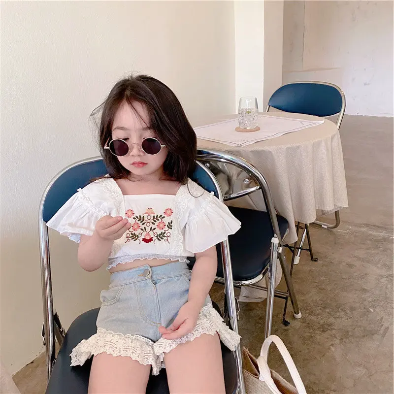 Girls' Set Embroidered Lace Trim Short Top with Denim Shorts25Summer New Foreign Trade Children's Wear Delivery