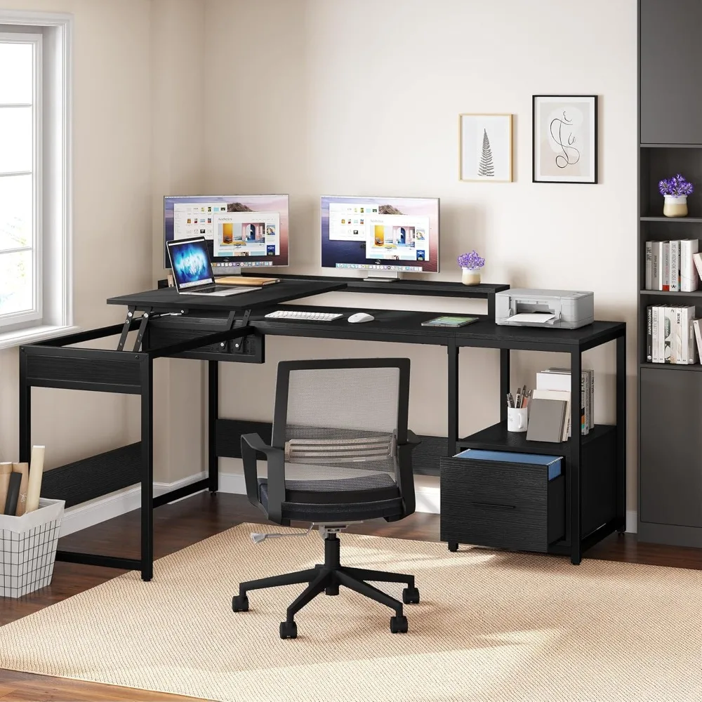 

Desk, 65-inch, with File Drawer and Elevated Top, Height Adjustable, with Monitor Stand and Storage Shelf, Computer Desk