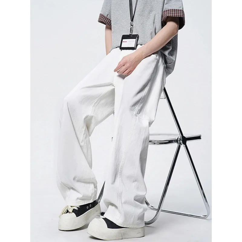 Summer American Dirty Fit White Curved Blade Jeans Unisex Minimalist Wide-Leg Casual Pants for Versatile Streetwear