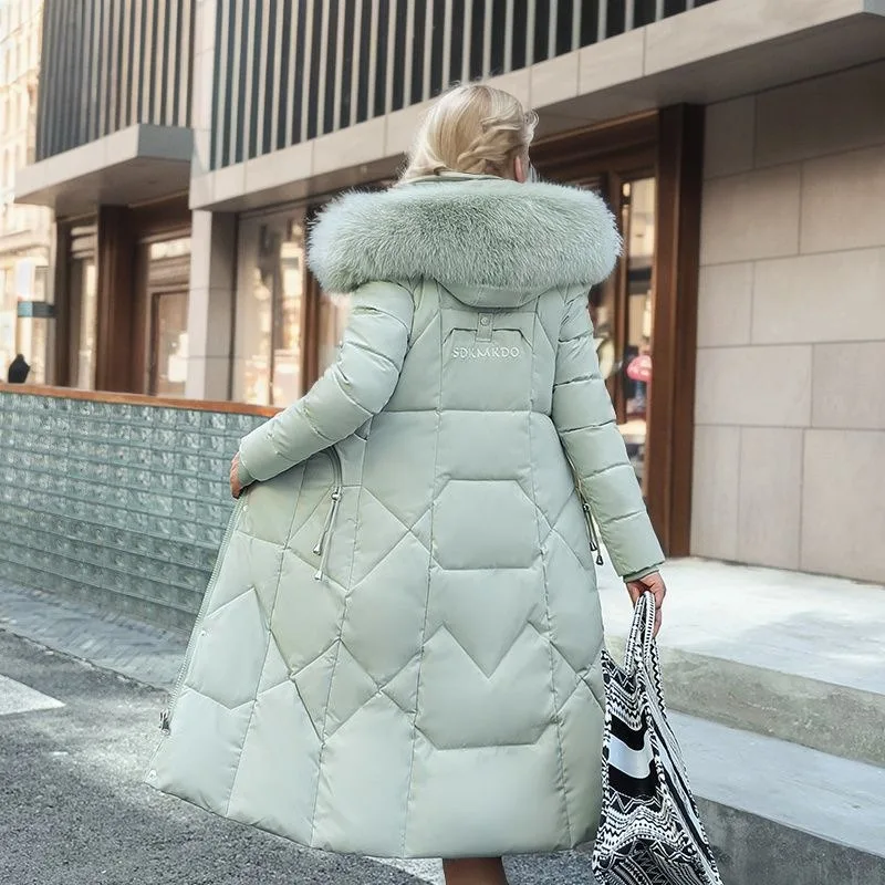 2023 New Women Cotton Coat Winter Jacket Female Warm Parkas Mid Length Version Outwear Artificial Fur Collar Hooded Overcoat