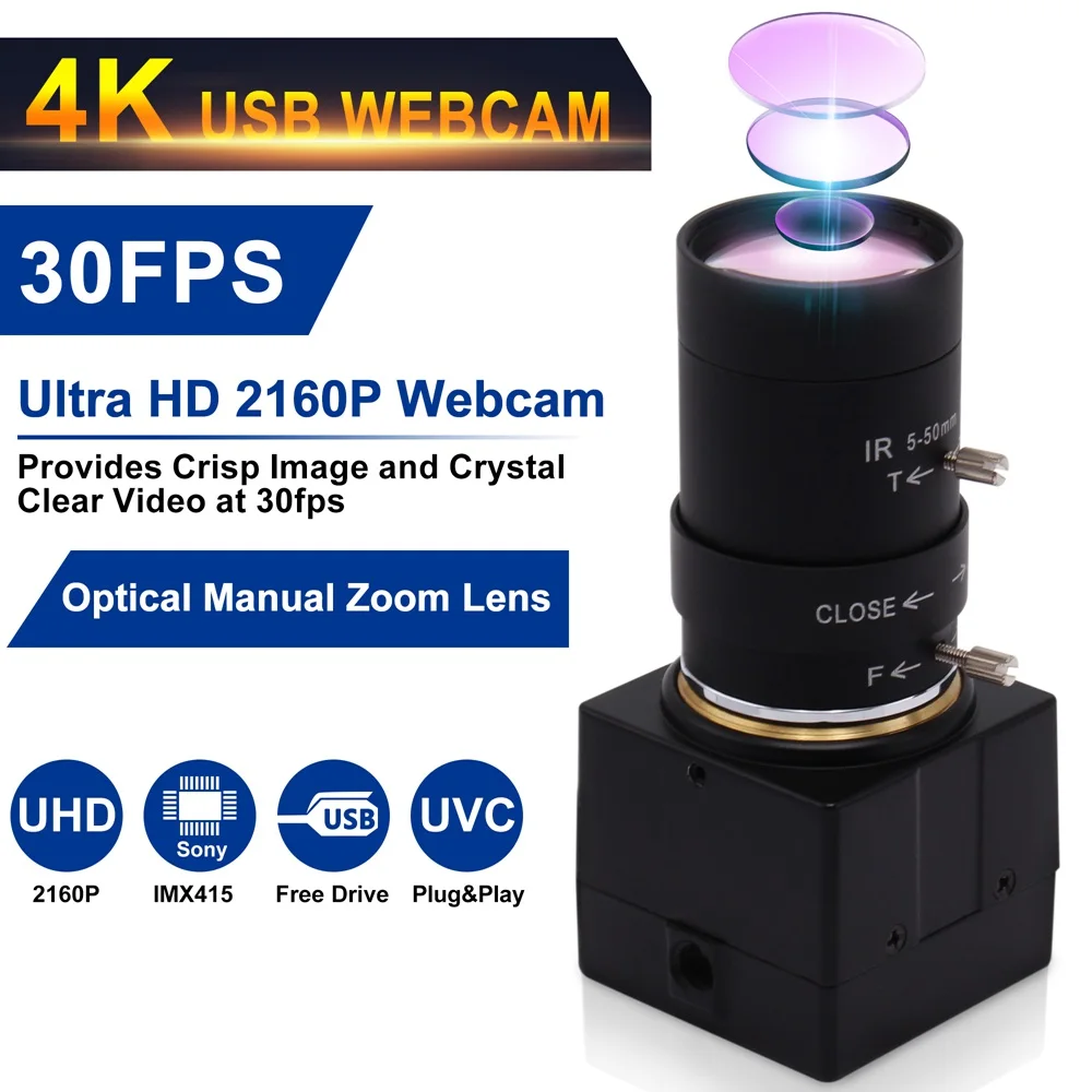 ELP 2160P USB Camera Ultra HD 4K Webcam Mini 10X Manual Optical Zoom Camera Conference Camera 5-50mm Varifocal Lens Web Camera