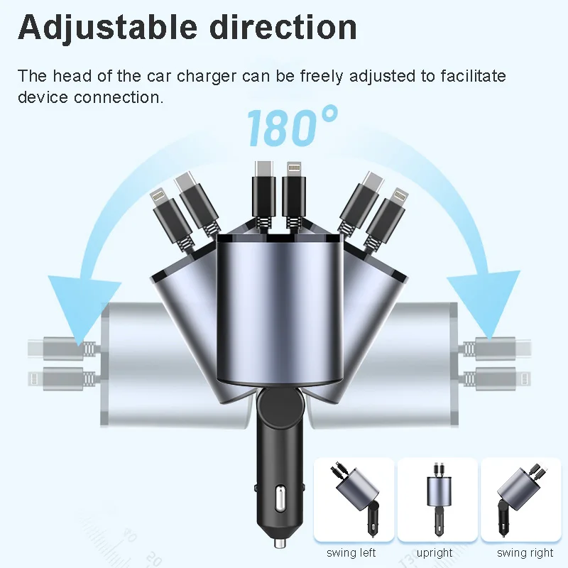 4-in-1 Retractable Car Charger Fast Charging Car Cigarette Lighter Adapter With Dual Expansion Cable, Voltage Display