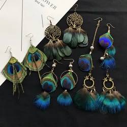 Retro Peacock Feather Tassel Earrings for Women Bohemian Fashion Elegant Girls Exaggerated Versatile Long Earrings