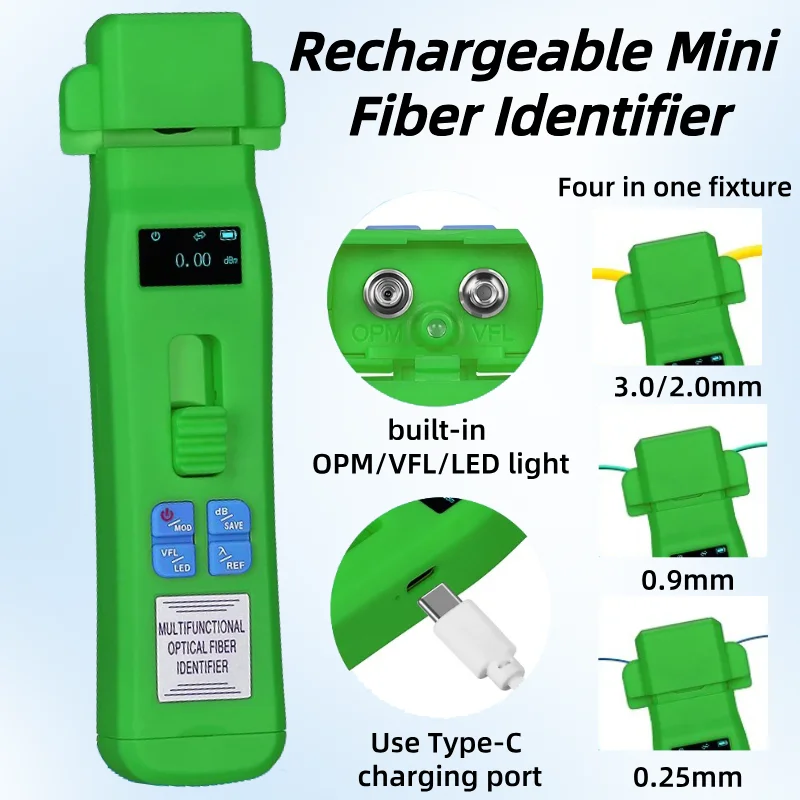 

COMPTYCO Green AUA-C607/C605 Rechargeable Optical Fiber Identifier + OPM + VFL + LED Light, Fiber Optic Cable Tester FTTH Tool