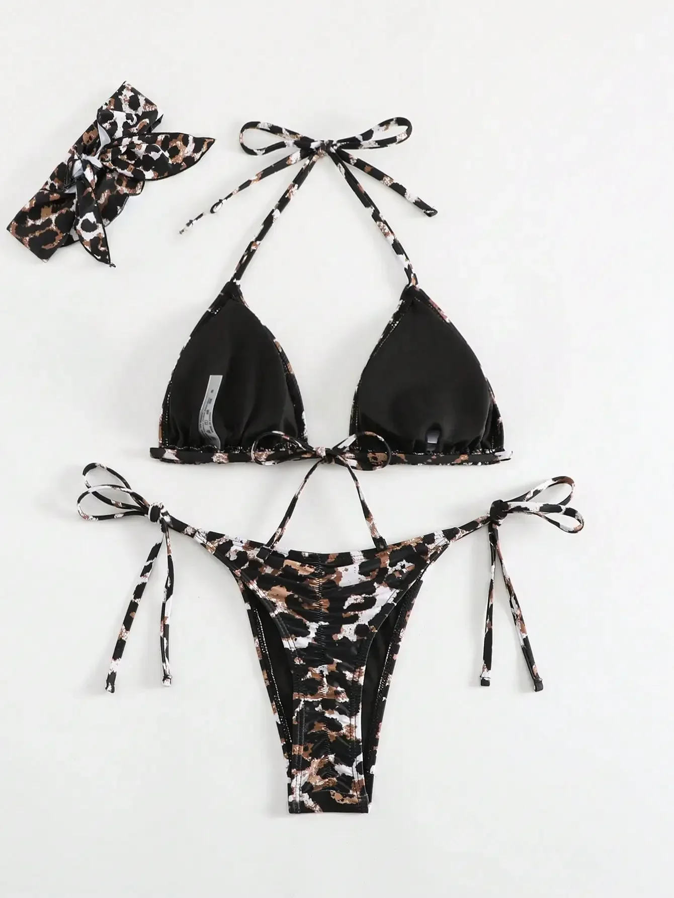 여성을위한 새로운 섹시한 스플릿 레오파드 프린트 비키니 헤드 스카프 3 피스 수영복