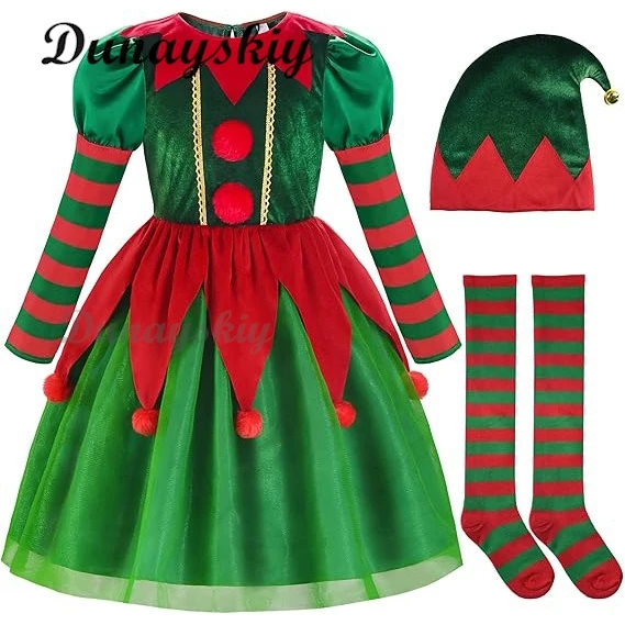 Elf Party Christmas Cosplay Costumes Elf Ear Role Play Set Xmas Hat Dress and Shoes Covers Stockings Kids Suit Customized