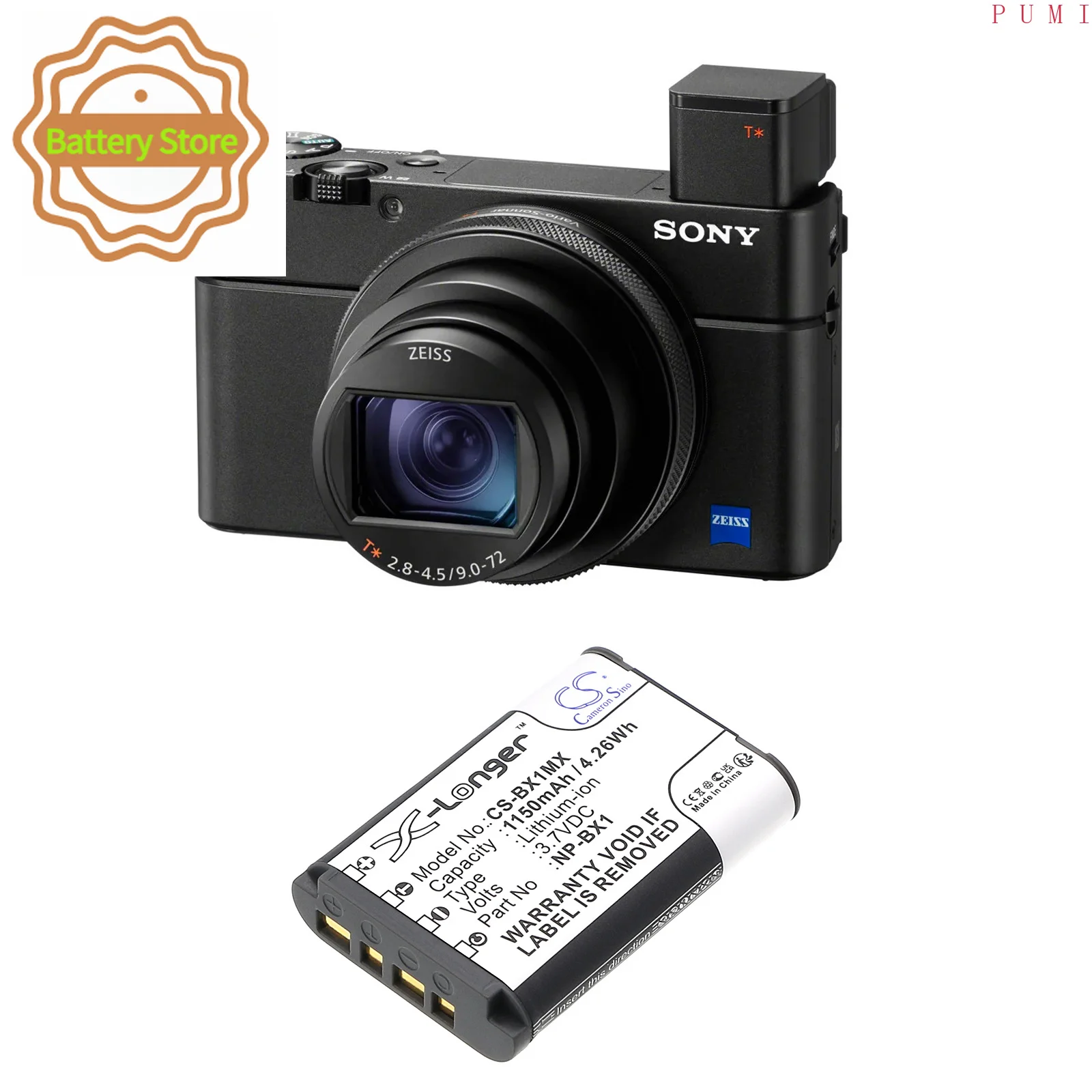 CS Replacement Battery for Sony  CX405 Handycam, DSC-HX90V, DSC-HX90V/B, DSC-HX99, DSC-HX350, DSC- PN:NP-BX1 1150mAh / 4.26Wh