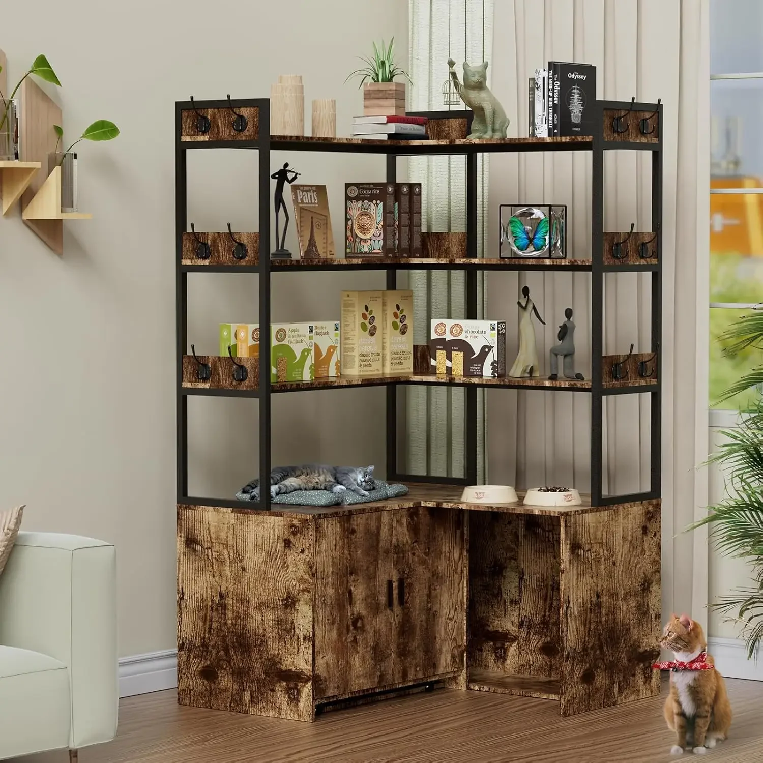 Litter Box Enclosure with Shelves and Doors, Industrial Corner Shelves with Cat Cabinet &12 Hooks, 3-Shelf Corner Bookshelf