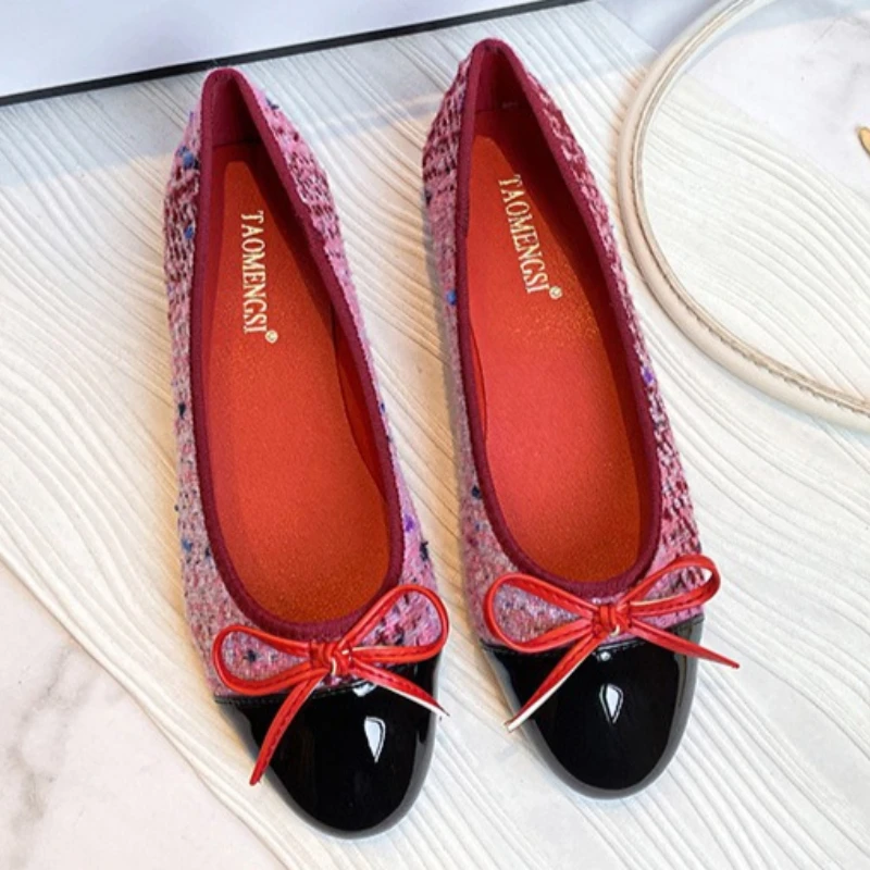 Fashion Tweed Splicing Ballet Flats for Women Sweet Bowknot Detail Round-Toe Dress Shoes 2027 Winter Comfortable Designer Shoes