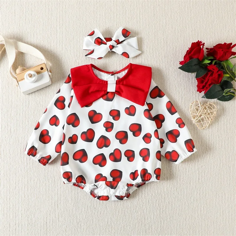 Baby Girl Valentine s Day Outfit Pink Heart Print Long Sleeve Romper with Front Bow Detail Sweet Round Neck Jumpsuit for 0-24