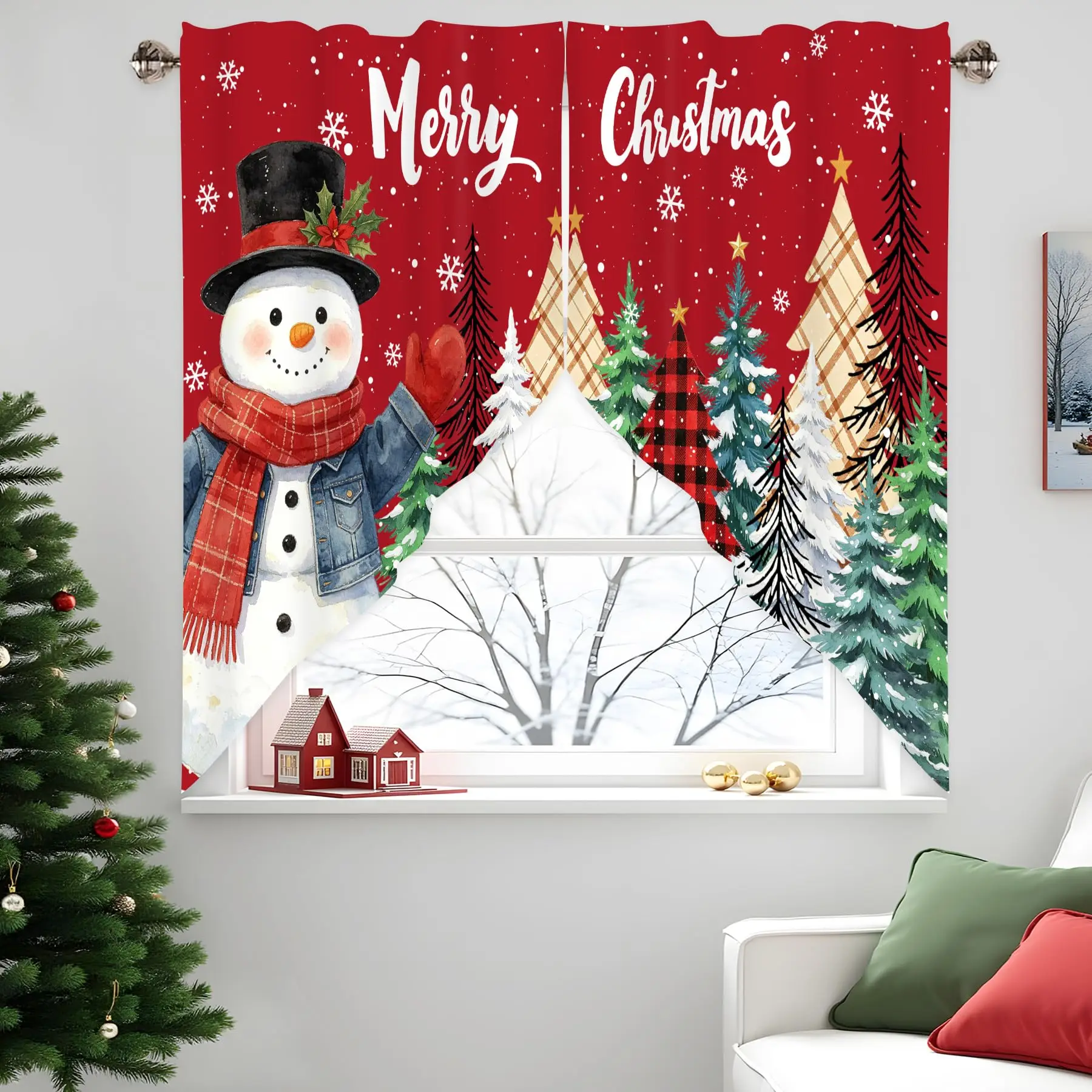 Christmas Red Swag Valances for Windows 1 Pair, Swag Curtains for Kitchen Bathroom Bedroom Windows Treatment Merry Christmas