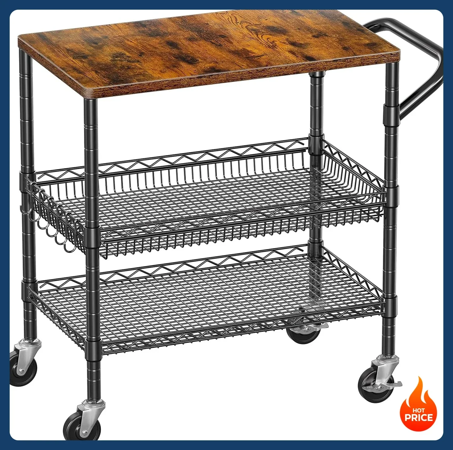 

[Best Seller!]3 Tier Rolling Carts with Wheels, Heavy Duty Rolling Utility Cart with Wood Tabletop, Commercial Grade Metal Cart