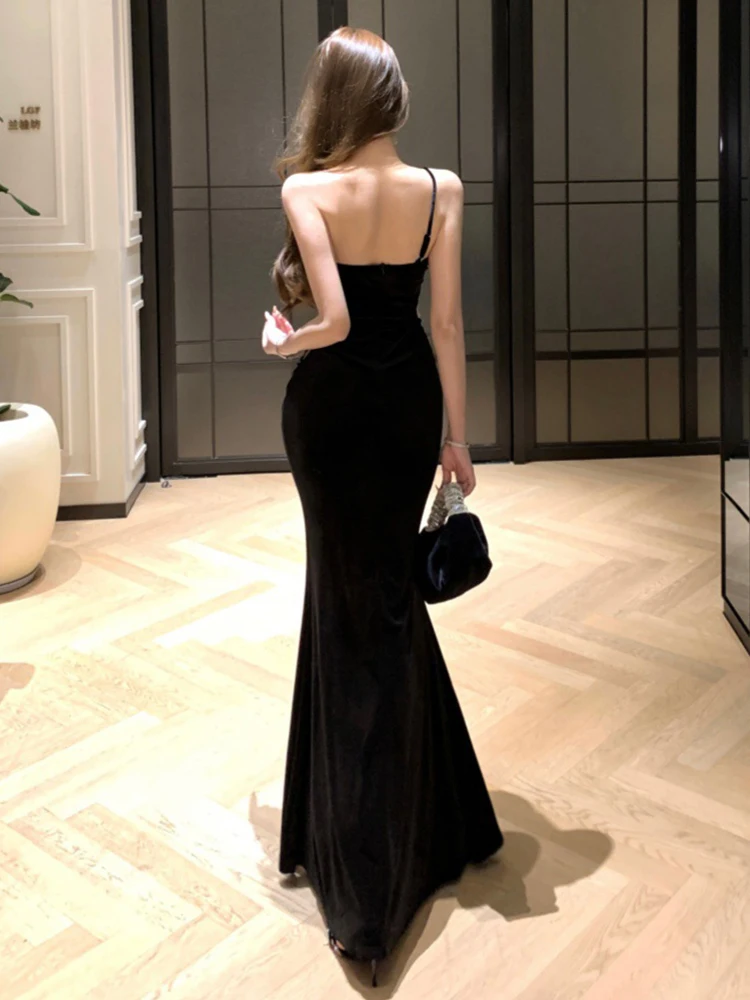 Frauen Kleidung Schwarz Samt Sexy Off-Schulter Dünne Abendkleid Elegante Luxus Dame Party Club Prom Vestido Weihnachten Robe neue