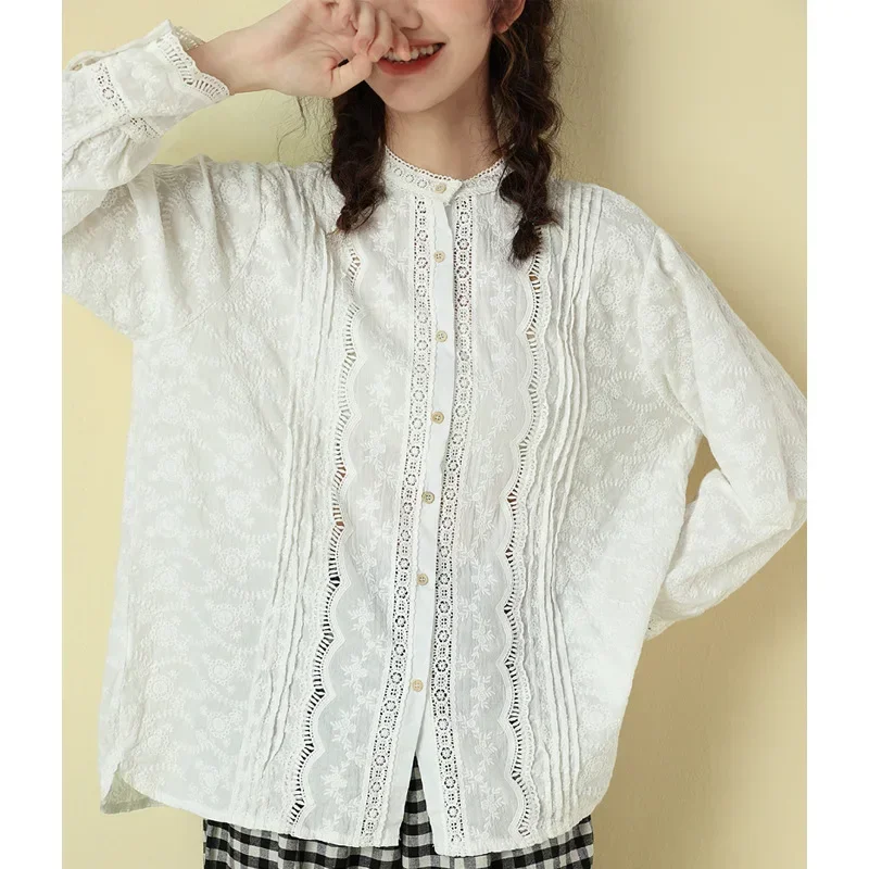 Mori Girl Cotton Eyelet Embroidery Lace Straight Loose Long Sleeve Shirt Vintage Edwardian Victorian Lolita Steam Punk Shirt