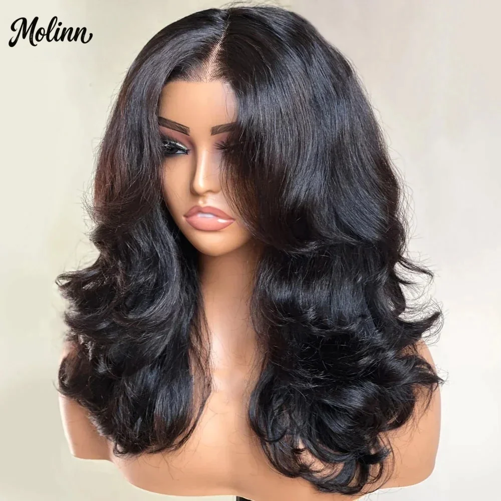 Black Layered Body Wave Lace Front Wig With Bangs 13x4 HD Glueless Pre Plucked Daily Synthetic Middle Part Realistic for Women