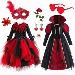 Halloween Carnival Party Cosplay Vampire Demon Long Dress Girls Evil Queen Luxury Black Red Lace Vampire Clothes for Girl