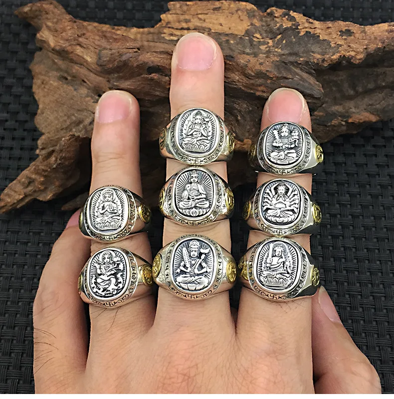 S925 sterling silver retro personalized jewelry with twelve zodiac signs and eight guardian deities, the Buddha's opening ring a