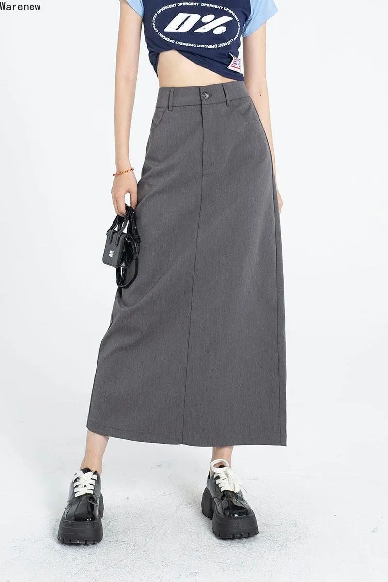 2023 Autumn Office Lady Korea Style Solid Color Soft Mid Long Skirts Women Vintage High Waist Loose Streetwear A-Line Suit Skirt