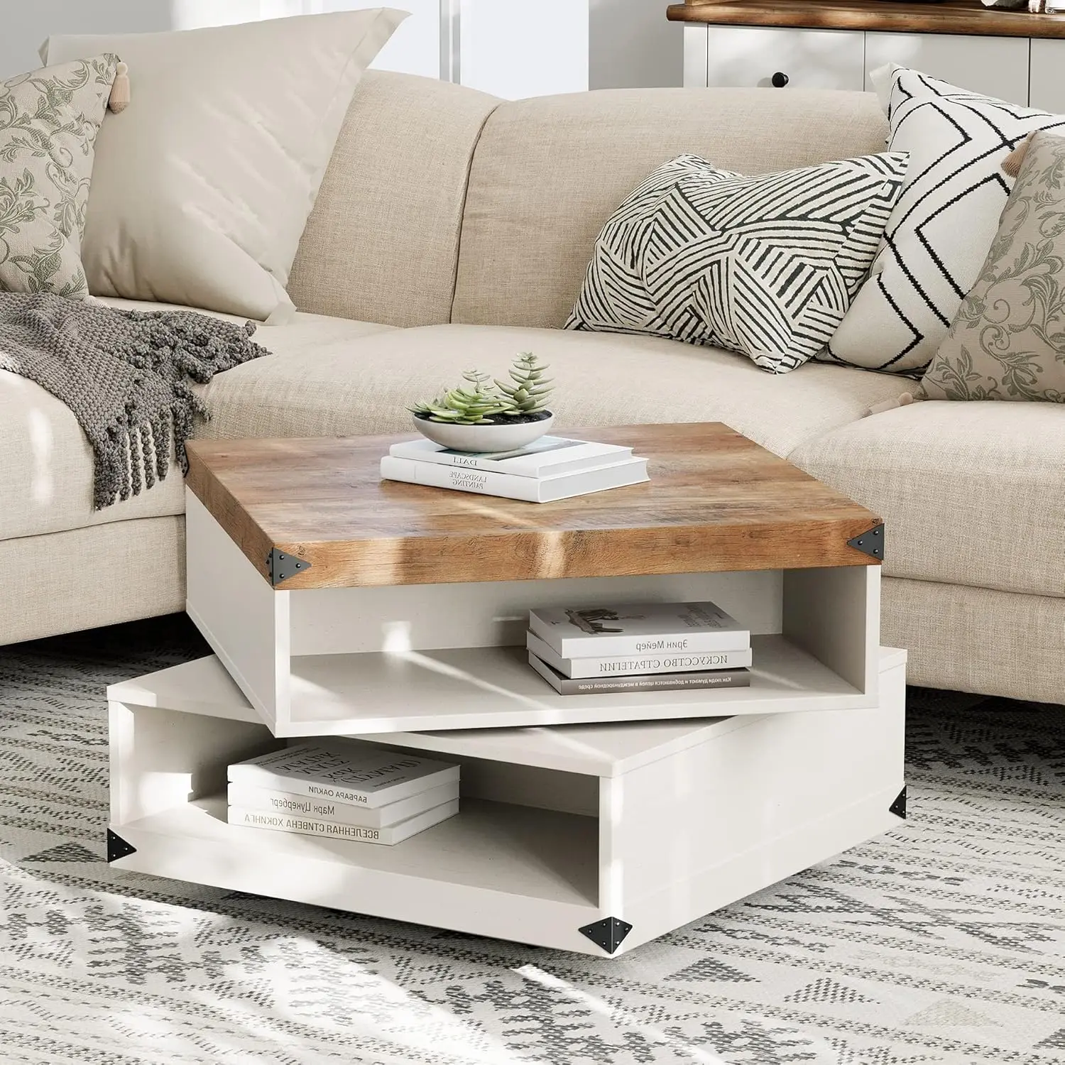 Wampat Coffee Table With Rotating Tabletop, 2-Tier Square Center Table With 4 Cubby, Wood Accent Central Tea Table With Swivel