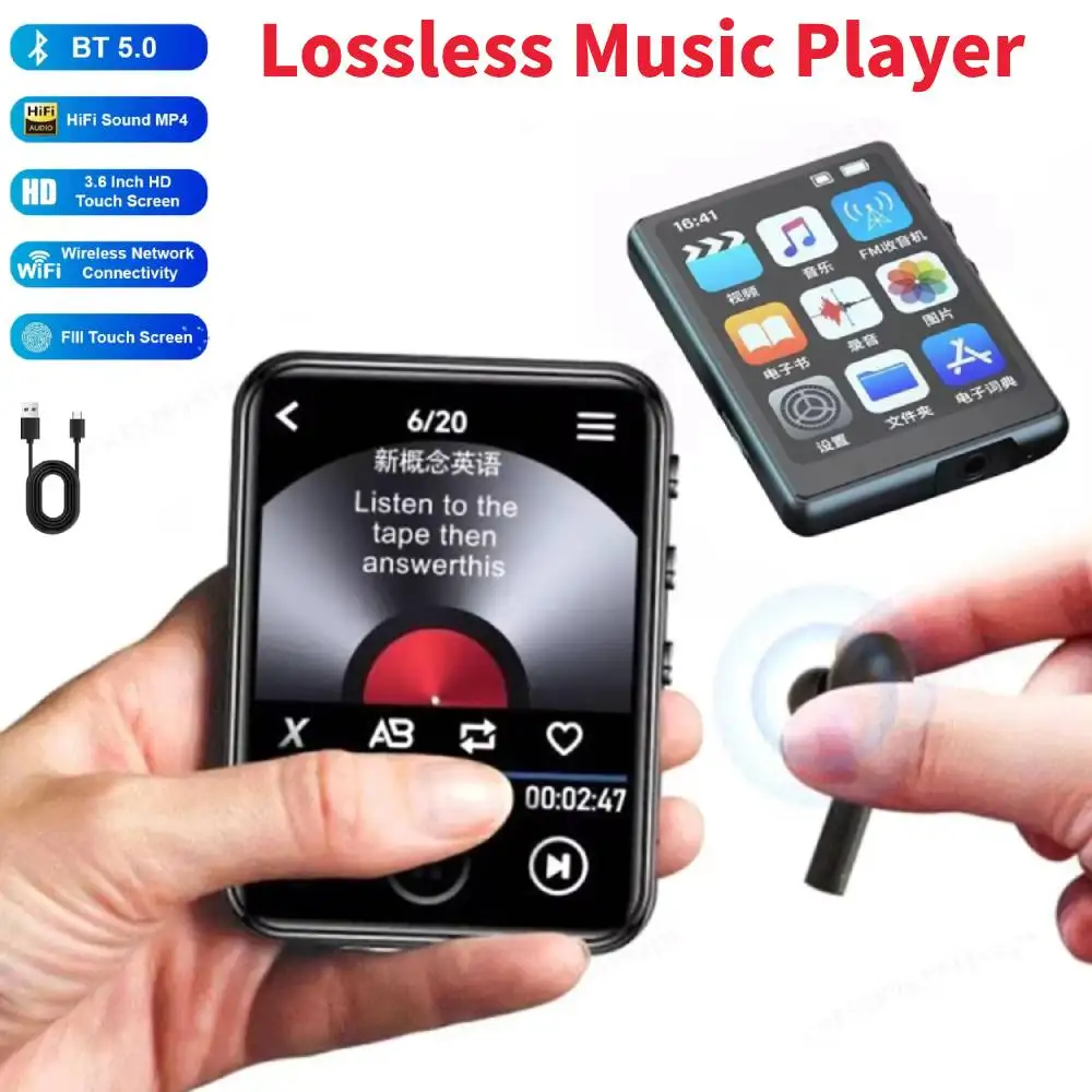 8-32GB MP3 MP4 Player BT5.0 Lossless Music Player Full Touch Screen Support FM Radio Recording E-Book HiFi MP4 Student Walkman