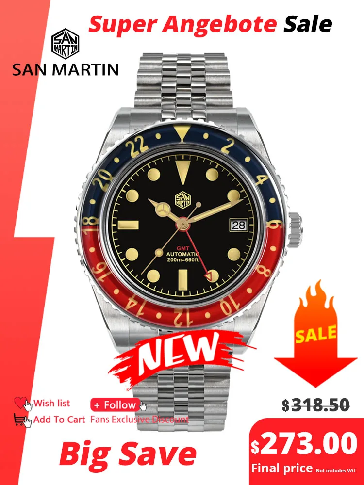 San Martin NH34 40mm GMT Luxury Sports Style Full Luminous Bidirectional Sapphire Bezel Automatic Mechanical Watch 20 Bar SN0005