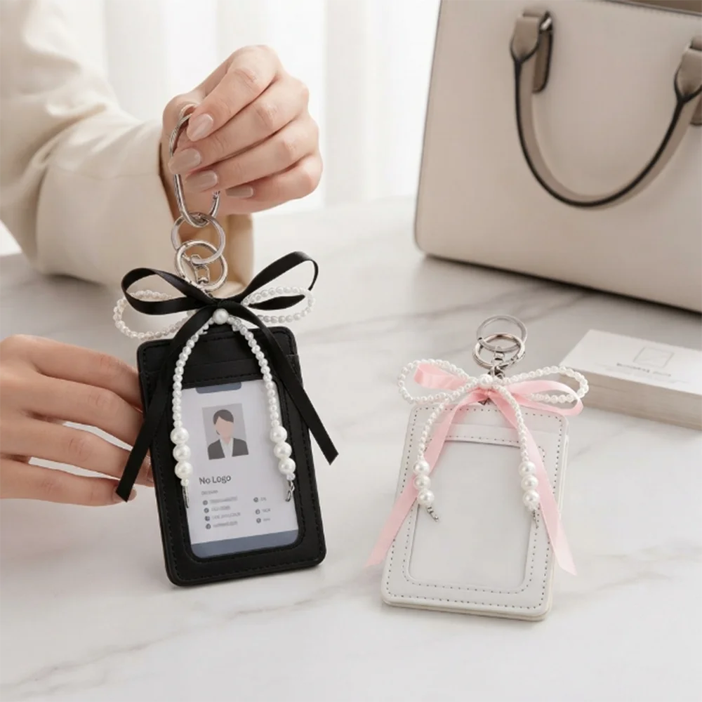 Stylish INS Style Cute Photocard Holder Decorative Protective Girls Photocard Case Soft PU Pearl Bow ID Card Case Bank Card