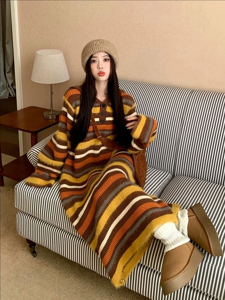 الخريف الشتاء خمر فستان طويل مخطط الألوان المتناقضة الملابس النسائية عادية فضفاض مقنعين زر مستقيم محبوك فساتين