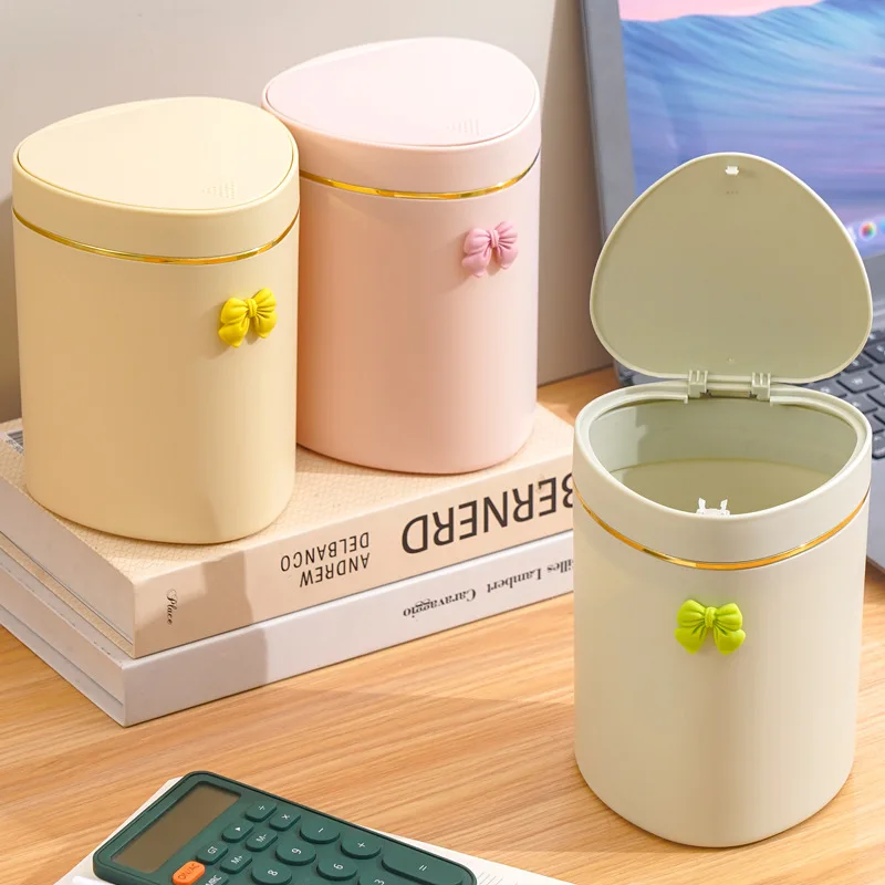 Light luxury press type desktop trash can, creative small coffee table, office living room, study room with cover, cute bow tie