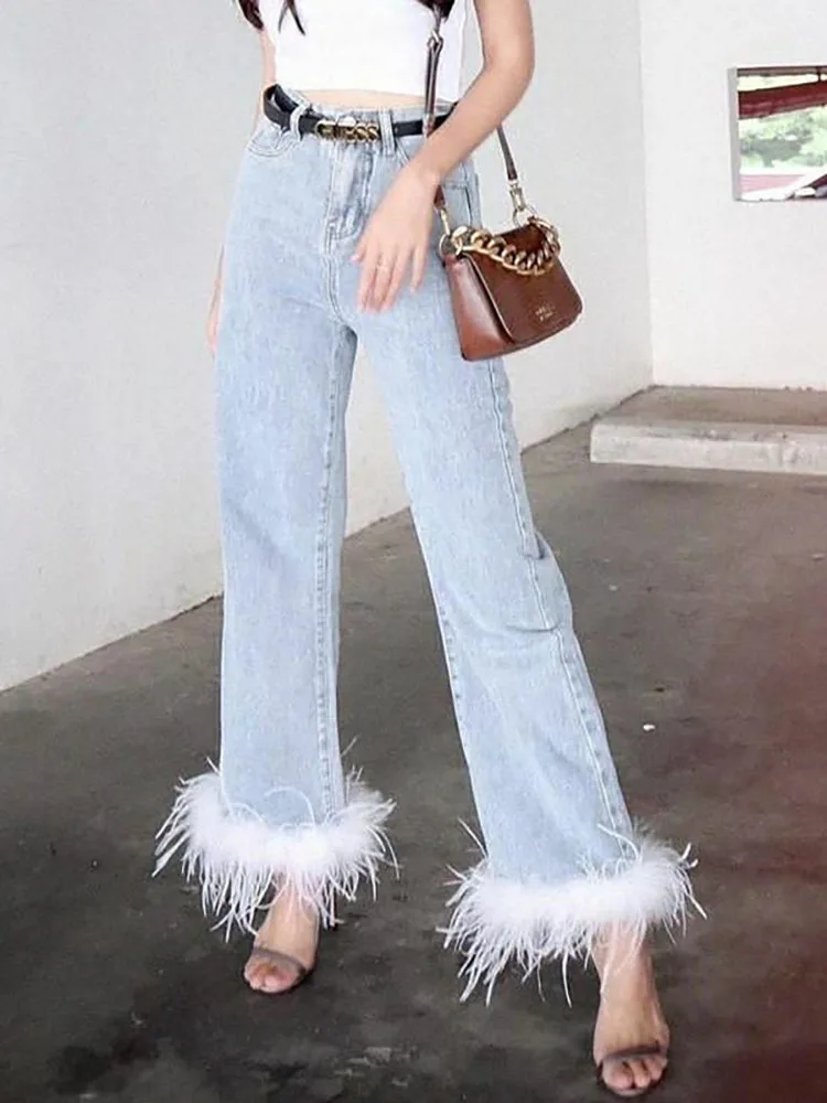 DEAT Women's Jeans High Waist Patchwork White Feathers Full Length Straight Wide Leg Denim Pants 2024 Autumn New Fashion 29L3676